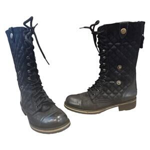 Steve Madden Black Leather Quilted Fold Over Combat Boot sz 7 Utility Basic